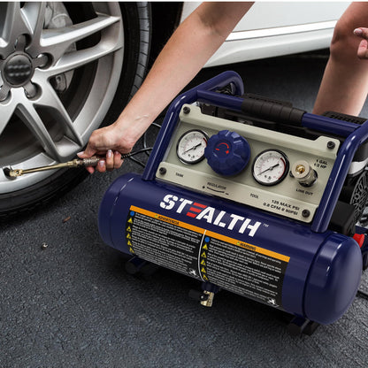 STEALTH Air Compressor 1 Gallon, 1/2HP Max 125 PSI, Induction Motor, 0.8 CFM@90PSI, 1.3 CFM@40PSI, Oil-Free Maintenance Free Light Weight Electric Air Tools for Drilling, Nailing, Grinding, SAUQ-1105