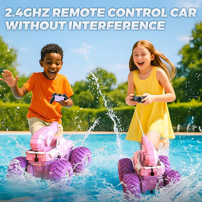 BEZGAR Amphibious Remote Control Car for Girls - Pink Monster Truck Toys 1:16 RC Boats 2.4GHz Waterproof Tank with Shooting Water Pistol 4WD All-terrian Off-Road Pickup Outdoor Girls Kids Gifts