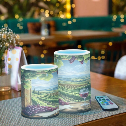 ALAZA Flickering Flameless Candles Red Wine Bottles with Grapes Window Battery Operated Candles with Remote Timer LED Pillar Votive Candles Set of 2 for Holiday Decor
