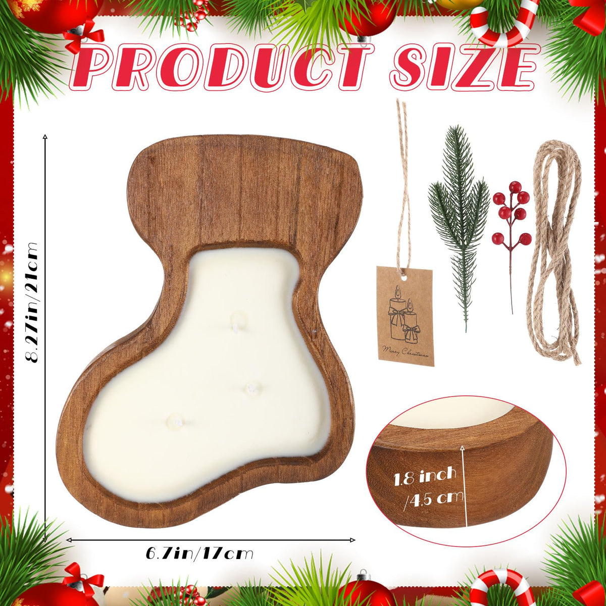 MTLEE Christmas Wooden Candle Bowl Wood Dough Bowl 3 Wick Rustic Xmas DIY Scented Candles Gifts Decoration with Berries Pine Label for Dining Farmhouse Table Centerpiece(Christmas Stockings)