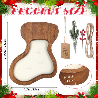 MTLEE Christmas Wooden Candle Bowl Wood Dough Bowl 3 Wick Rustic Xmas DIY Scented Candles Gifts Decoration with Berries Pine Label for Dining Farmhouse Table Centerpiece(Christmas Stockings)