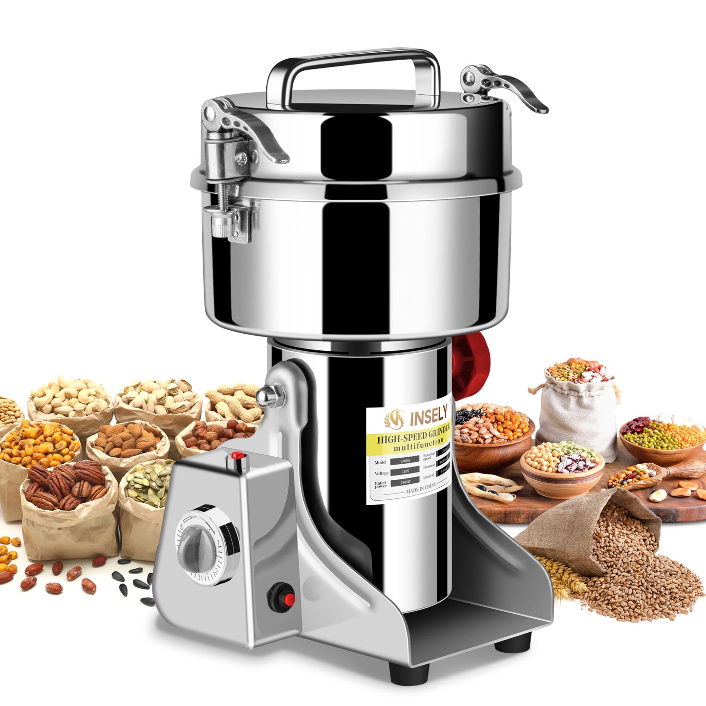 INSELY 1000g Grain Mill Grinder High Speed Food Grain Mill Stainless Steel Seeds Flour Wheat Nut Spices Corn Pill Herbs & Seasonings Dry Grinder Electric Machine Grinder for Kitchen