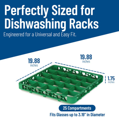 Carlisle FoodService Products OptiClean 25 Compartment Divided Glass Rack Extender for Commercial Dishwashers – Height Extender for Stemware, 3.54" x 3.54" Compartments, Green, (Pack of 6)