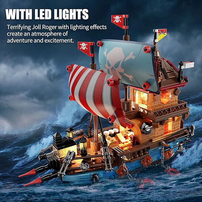 Pirate Ship Building Kit (916 Pcs) with LED Lights - Standard Brick - Compatible Creative Pirate Toy Model - Ideal Gift for Kids Teens Adults &amp Boys Ages 8-12 (Birthday/Christmas/Party)