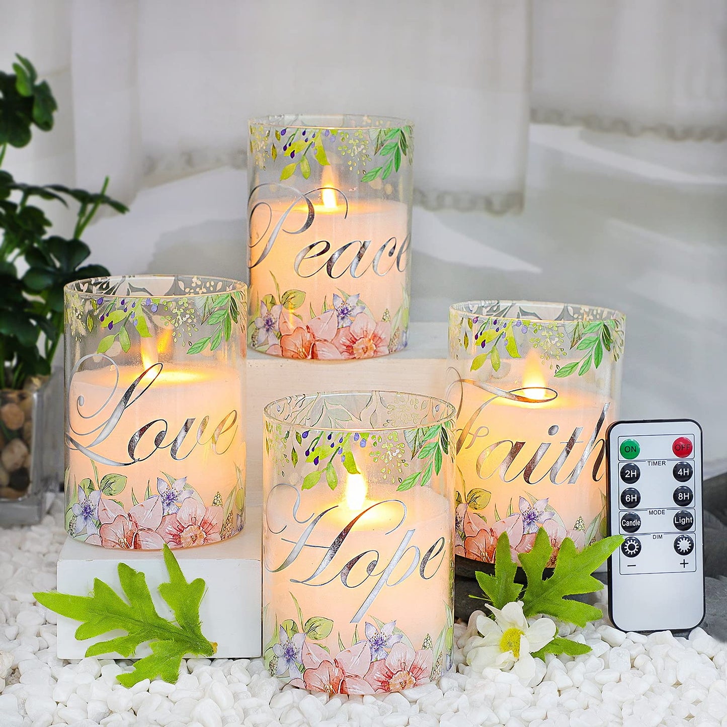 PETRISTRIKE Pink Flameless Pillar Candles, Glass Led Candles Battery Operated with Remote/Timer, Set of 4 Candles Set for Woman Gifts, Mother's Day, Centerpiece Decor