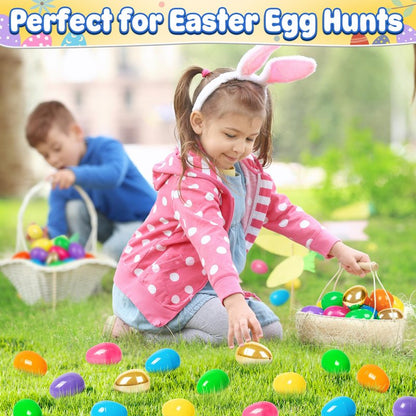 Jumlys 50 PCS 2.4" Plastic Easter Eggs, 42 PCS Empty Easter Eggs Bulk with 8 Golden Eggs, Fillable Eggs with Hinge, Perfect for Easter Hunt, Basket Stuffers Fillers and Easter Theme Party Favors