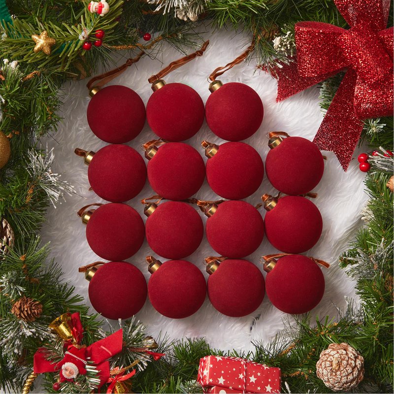 Brightown 15 Pcs Red Velvet Christmas Valentines Balls, 3.15 Inch Velvet Ornaments for Christmas Tree, Christma Tree Flocked Ornaments Balls for Family Holiday Wedding Party Xmas Hanging Decoration
