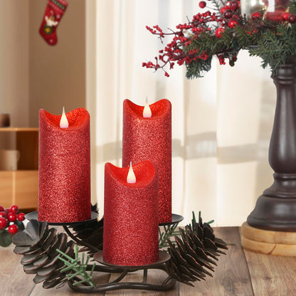 GiveU Pack of 3 Red Glitter Candle 3D Moving Flame LED Candles,10-Key Remote, Battery Powered Flameless Candle with Timer, Home Decor Bedroom, Hallway, Wedding Events