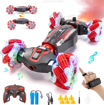 4WD Stunt Car 2.4 GHz Gesture Sensor RC Cars Double-Sided Vehicle 360° Flip RC Twist Buggy with Music Spray - Best Christmas and Birthday Present for Boys and Girls Aged 6-12 (Red)