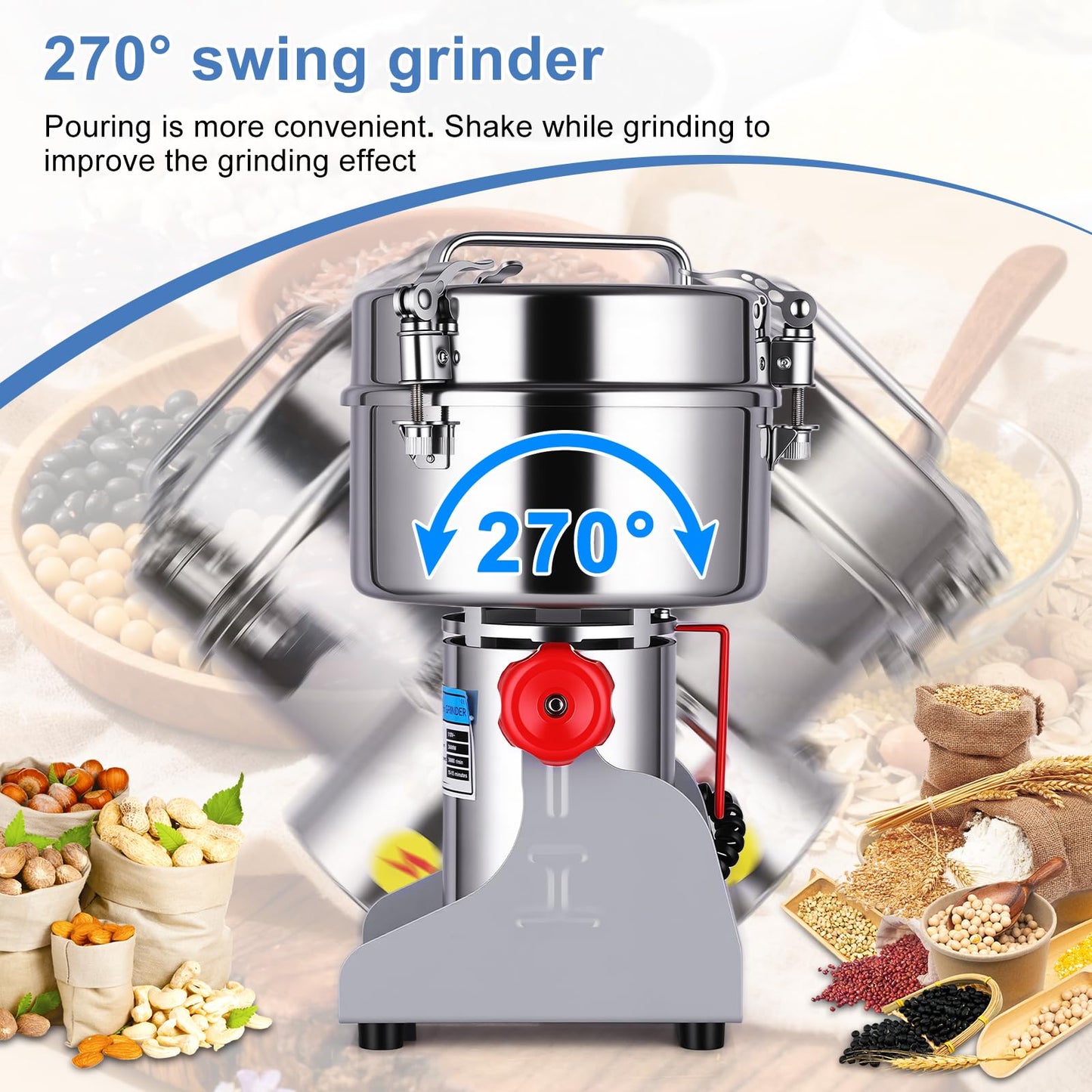 Powerful 3600W Grain Mill Grinder – 2500g Stainless Steel, 36000 RPM Triple-Blade System, 270° Swing for Easy Flour Making, 30-300 Mesh Adjustable, for Home Kitchen & Coffee Shop