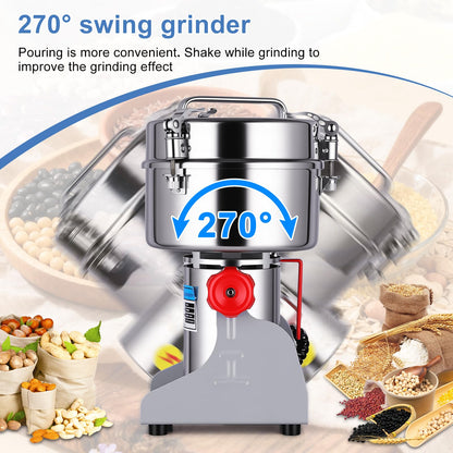 Powerful 3600W Grain Mill Grinder – 2500g Stainless Steel, 36000 RPM Triple-Blade System, 270° Swing for Easy Flour Making, 30-300 Mesh Adjustable, for Home Kitchen & Coffee Shop
