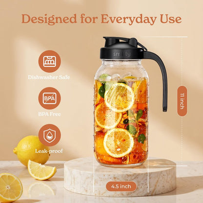 SMIRLY 64 oz Mason Jar Pitcher,Glass Pitcher with Wide Mouth,Water Jug with Double Leak Proof Lid for Iced Coffee,Hot Water,Breast Milk