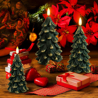 Yongmao Green Christmas Tree Shaped Flickering Flameless LED Candles with Timer, Real Wax Battery Operated, Set of 3