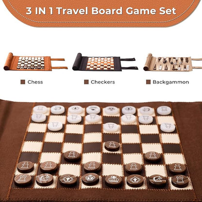 Woodronic 3 in 1 Travel Chess Checkers Backgammon Set Roll-up Leather Backgammon Game Set with 32 Pearl Textured Pieces and 5 Dices Portable Travel Strategy Board Game Set for Adult Navy Blue
