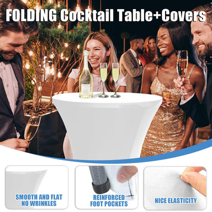 THESEATOP 2Sets 32in Hightop Folding Cocktail Tables+Covers, White-Spandex Stretch Folding Bar Table Covers, Removable Legs Bar Height Folding Table Outdoor Indoor Use (2+2White/2Covers+2Tables)
