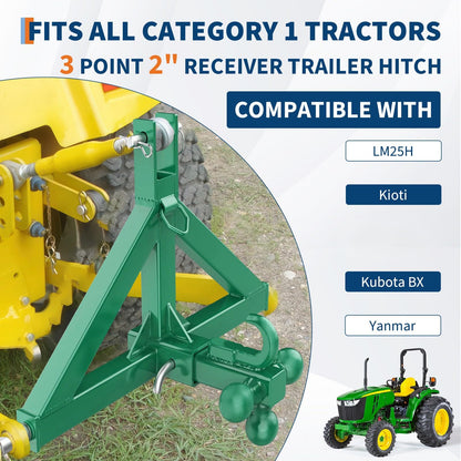 GarveeTech Tractor 3 Point Hitch Receiver - 2 in Receiver & Towing Ball Mount for Implements Hauling, 10,000 LB Tractor Trailer Hitch Attachment for Tractors Standard Category 1