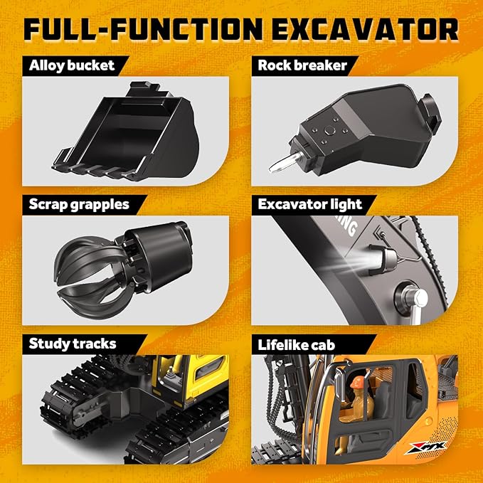 Remote Control Excavator Toys for Boys 3 in 1 RC Excavator Toy with Alloy Bucket Rock Breaker and Grapples - Rotatable 680° Lights and Sounds RC Construction Toys for Boys Age 3+
