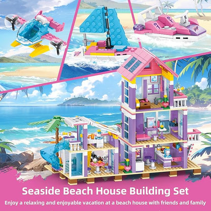 955 Piece Beach House Building SetSeaside Beach Villa Building Toys Friends Vacation Hut Blocks SetSTEM BuildingToys with HelicopterYachtSailboatChristmas Birthday Gift for Girl Age 6-12+