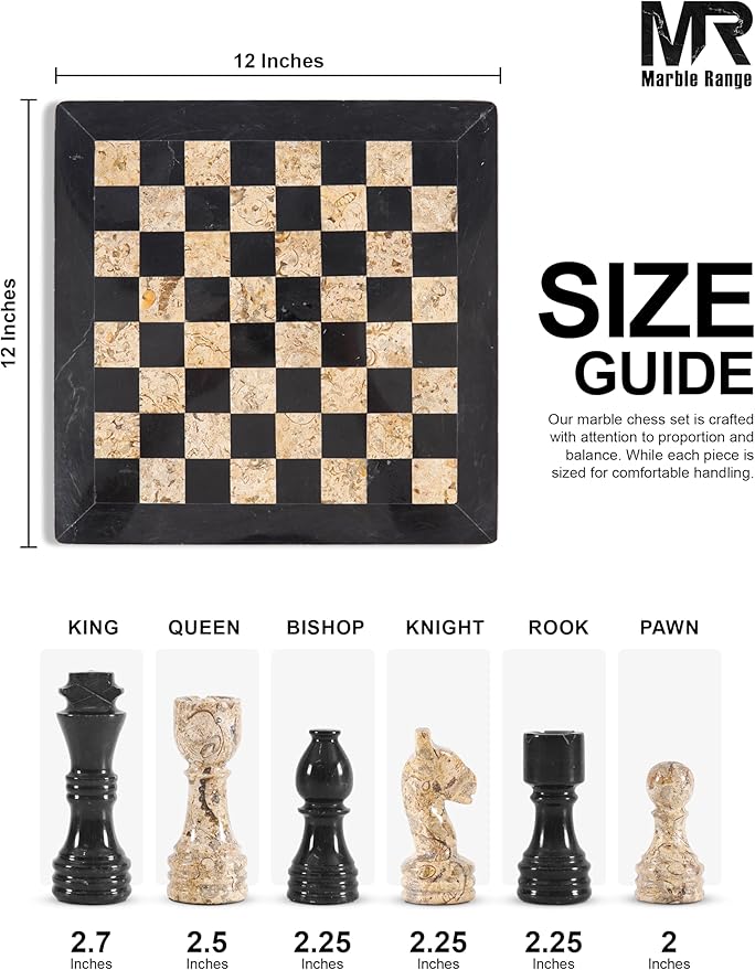 Marble Chess Set for Adults 12 Handmade Black &amp Coral Board Game with 32 Chess Pieces 2 Extra Queens &amp Storage Box Luxury Travel Game Elegant for Home Decor