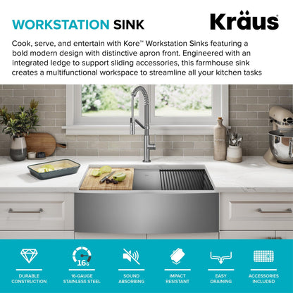 Kraus Kore 30-Inch Farmhouse Workstation with In Sink Dish Drying Rack, Stainless Steel Kitchen Sink, KWF410-30