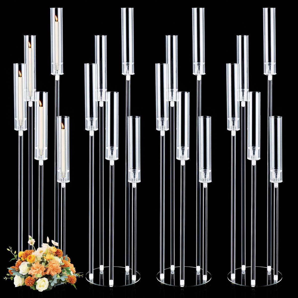 4pcs 45.7in Tall 5 Arm Acrylic Candelabra Centerpieces with Acrylic Shade for Table and Floor, Clear Candle Holders for Wedding Ceremony Birthday Party Home Decoration Fit 0.8in Candles (No Candle)
