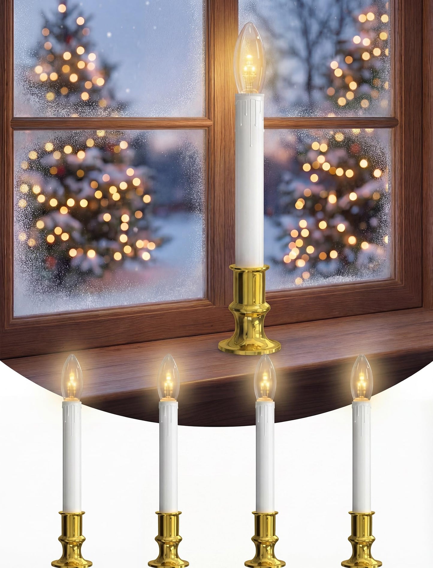Oviejo 4 Pack Christmas Electric Candles, Electric Candle Lamps with Gold Base, Christmas Window Candles with 6-18 Timer On/Off for Home Table Weddings Holiday Decor