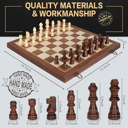 Magnetic Wooden Chess Set 15 Folding Chess Board with 2 Extra Queens Portable Travel Chess Set with Pieces Storage Slots Beginner Chess Board Game for Adults &amp Kids