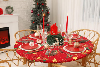 homing Round Elastic Fitted Tablecloth, Water-Resistant Fabric Tablecloths for 45"-56" Tables, Washable Polyester Table Cover for Picnic, Caming, Dinner, Indoor & Outdoor, Flowers