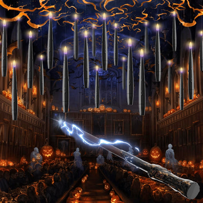 JOIONE Floating Candles with Wand, 12 Pack Hanging Candles with Magic Wand Remote, Battery Powered Floating Candles with Wand, Flameless Magic Hanging Taper Candles for Xmas Halloween Decor, Black