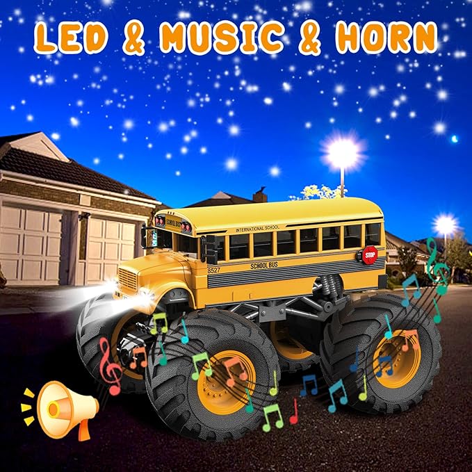Remote Control Car RC School Bus for Kids RC Monster Truck Toy 2.4GHz 1:18 Scale Model Vehicle with LED Lights Sounds Racing Sport Toy Car for Adults Boys Girls Kids Gift 2Pcs Batteries