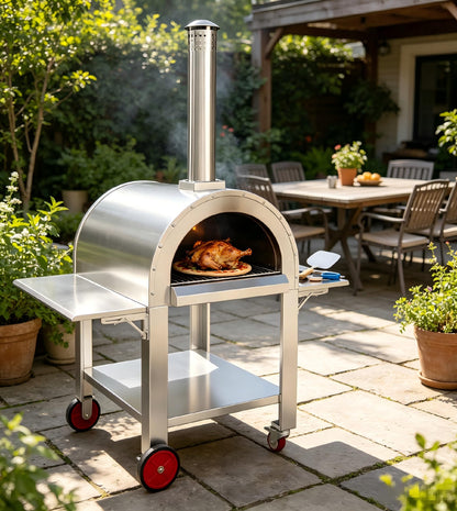 Garvee 44 Inch Pizza Oven Outdoor,Wood Fire & Propane Gas Dual Fuel with Wheels and Accessories in Stainless Steel for Restaurant, Backyard, Garden, Patio, Camping, Silver