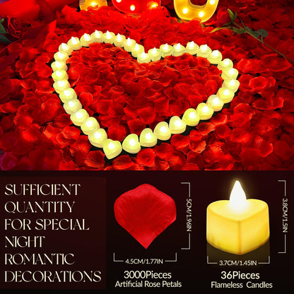 3000Pcs Red Rose Petals with 36Pcs LED Tea Lights Candles, Romantic Gifts for Her, Special Night, Date Night Ideas, Wedding, Anniversary, Proposal