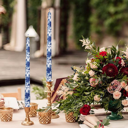 NJAO HOO Candlesticks 10 in Straight Taper Candles Hand Printed Blue and White Candlesticks Unscented Tall Tapered Candle Sticks for Home Garden Decor