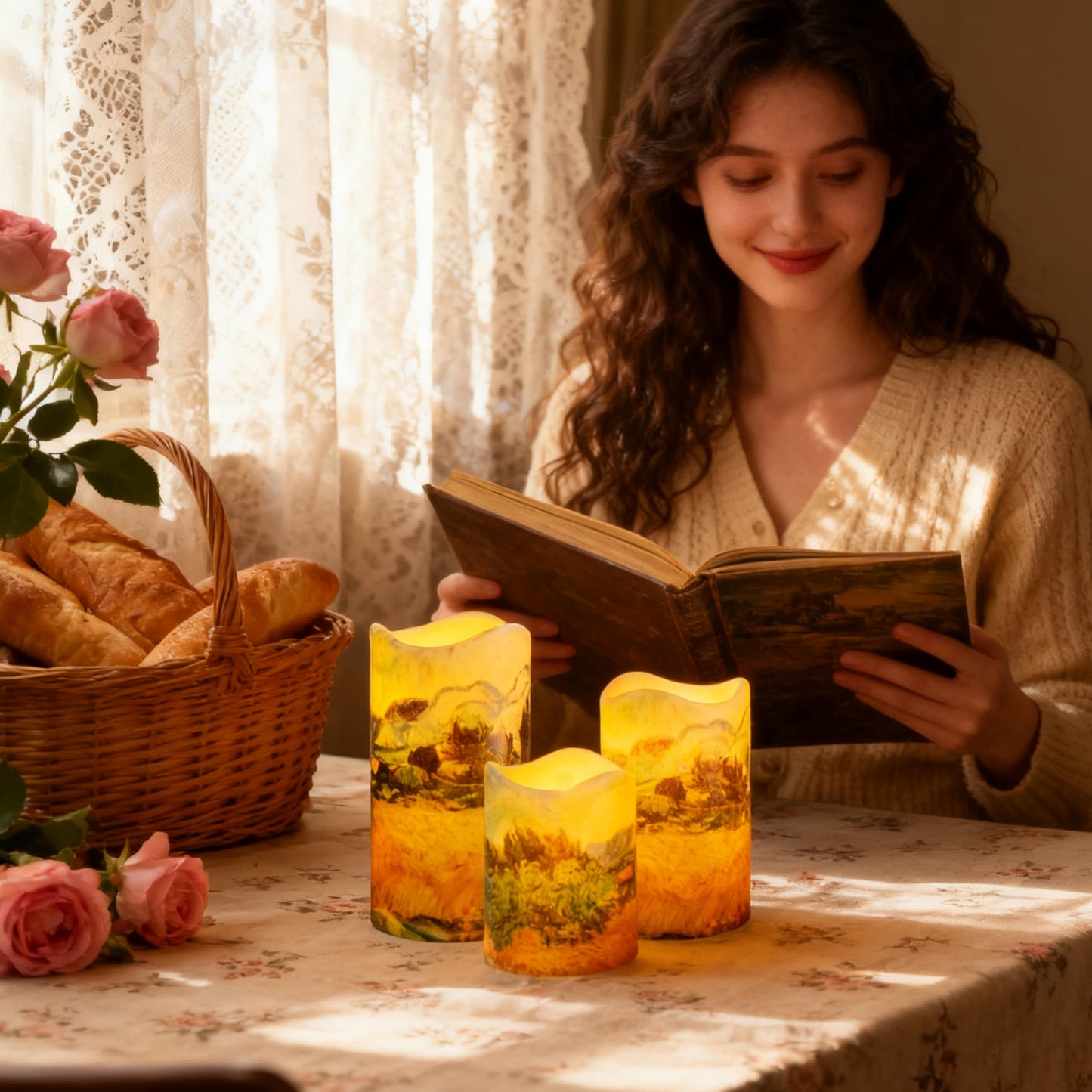 NjaoHoo Flameless Candles 4" 5" 6" Set of 3 Indoor Outdoor Pillars Battery Operated Flickering Candles 10-Key Remote Timer Van Gogh Art Painting Style(Wheat Fields Printed)