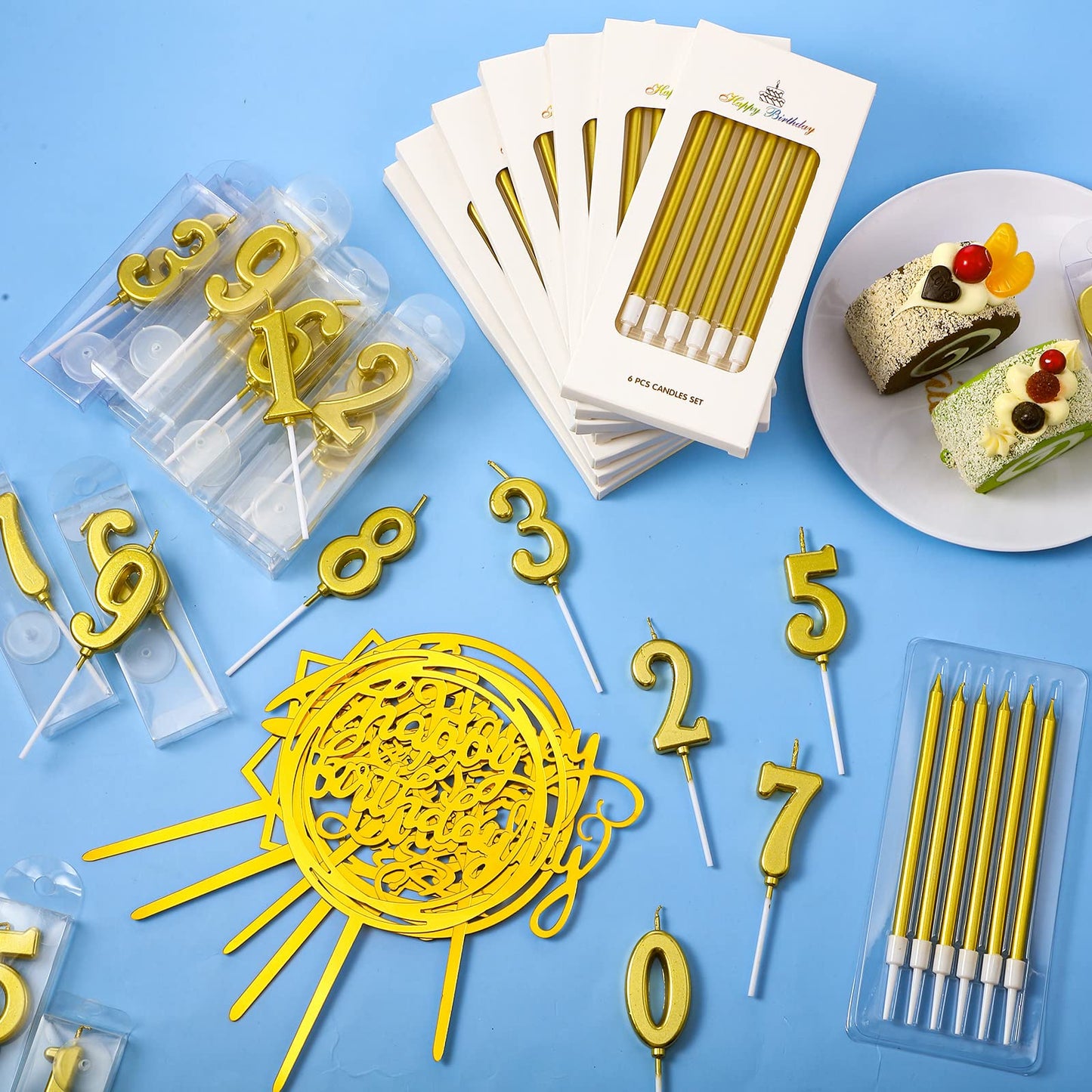 Shihanee 84 Pcs Birthday Cake Toppers Decorations Long Thin Metallic Birthday Candles Bulk Number Candles 0-9 DIY Cake Decor for Wedding Anniversary Party(Gold)