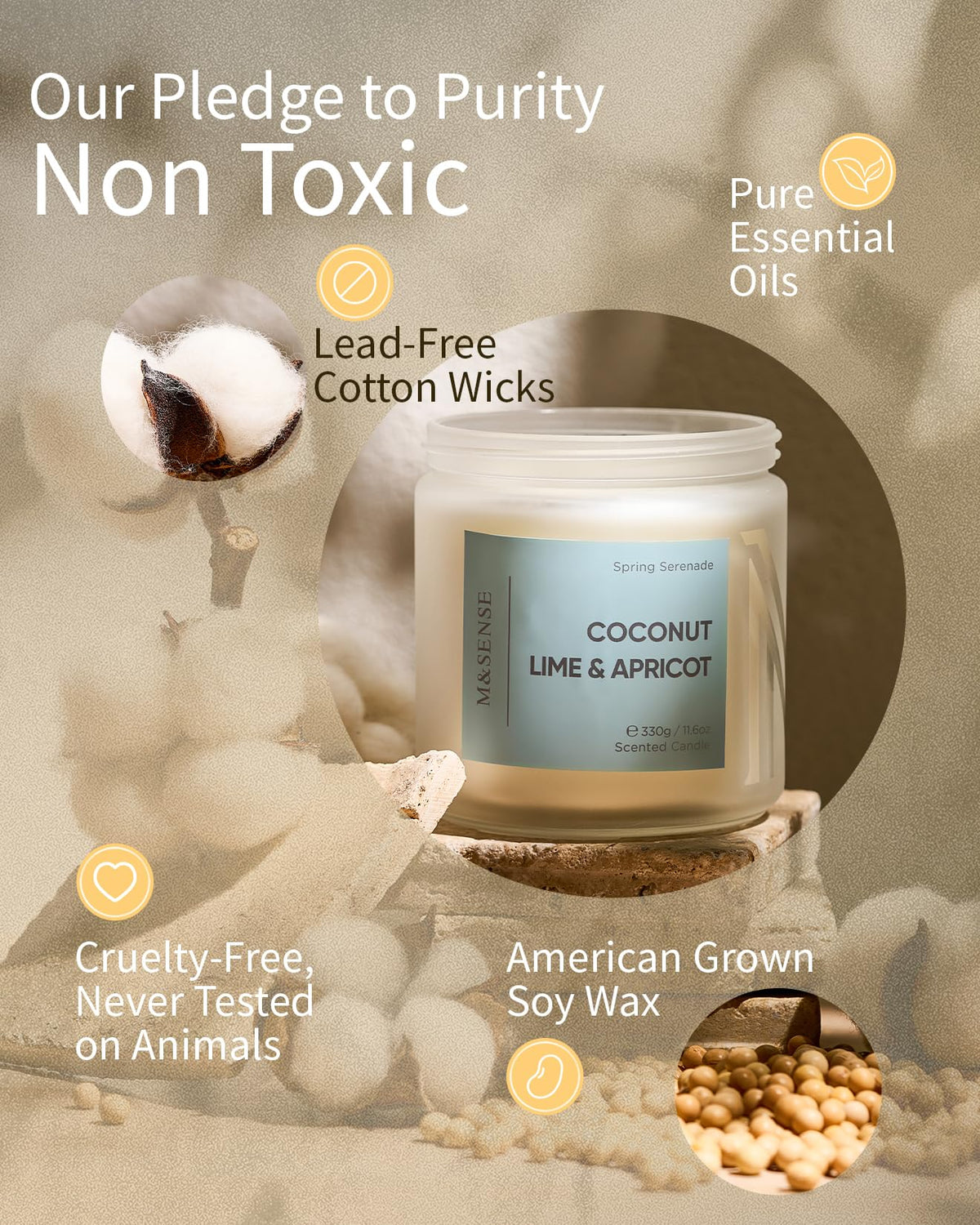 M&SENSE Coconut Scented Candle, 11.6oz Natural Organic Soy Wax, 70-Hour Long Lasting Burning, Clean Burn Non Toxic Tropical Candle for Home, Fruit Scent 2-Wick Housewarming Gift for Family Friends