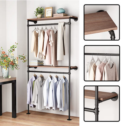 DR.IRON Industrial Pipe Clothing Racks with 2 Tier Shelves, Wall Mounted Black Clothes Rack with Double Hanging Rods Heavy Duty Garment Storage Rack Display Racks Rod for Clothes,Laundry Room