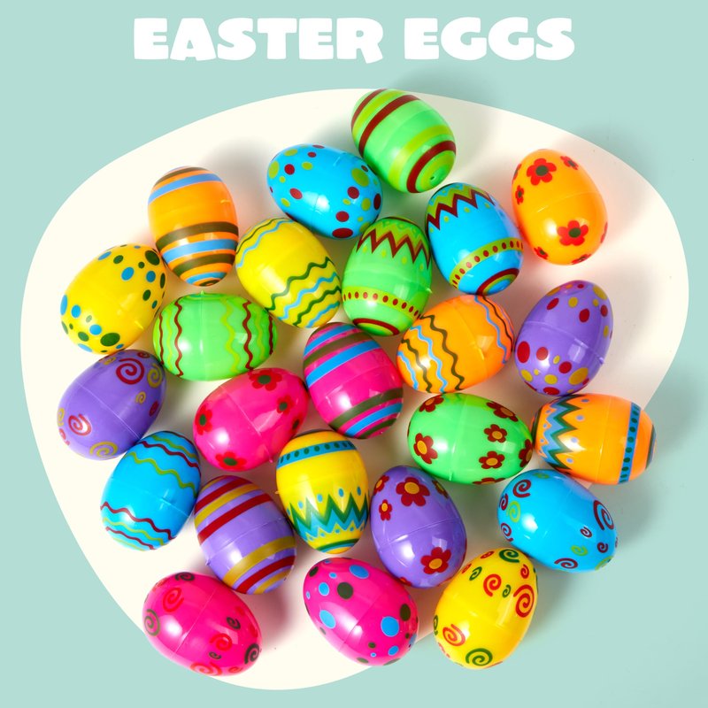 JOYIN 36PCS 2.3" Printed Empty Plastic Eggs Fillable, Bright Colorful Plastic Eggs Bulks for Festival Hunt, Filling Treats, Party Favor, Basket Stuffers, Classroom Prize Supplies