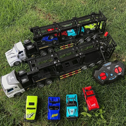 Remote Control Car Transporter Truck Includes 4 Cars - 14 1:48 Mini RC Toy Semi Truck Trailer with 2pcs Rechargeable Batteries Carrier Car Truck Vehicle with Lights Great Gift for Kids Boys Girls