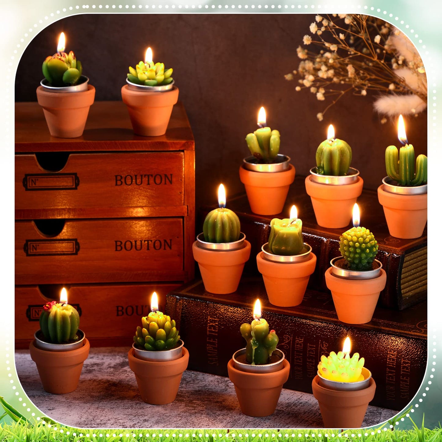 Lounsweer 60 Pcs Succulent Tealight Candles Bulk Novelty Decorative Cactus Candles Wedding Baby Shower Wedding Gifts with Mini Clay Holders for Birthday Party Home Mexican Party Favors (Simple)
