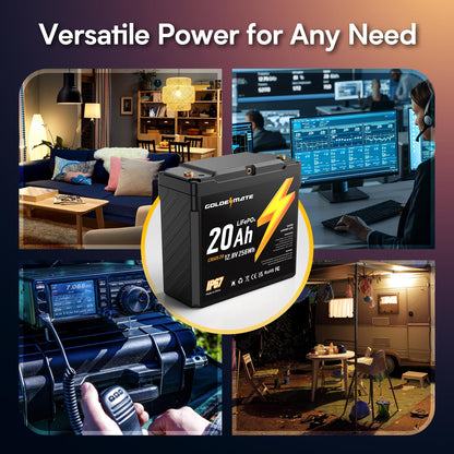 GOLDENMATE 12V 20Ah LiFePO4 Battery(2 Packs), IP67 Waterproof, 12V Lithium Battery with 5000+ Deep Cycles, Built-in BMS & Premium Battery Cells, Ideal for Solar, Marine, Fishfinder, Off-grid camping