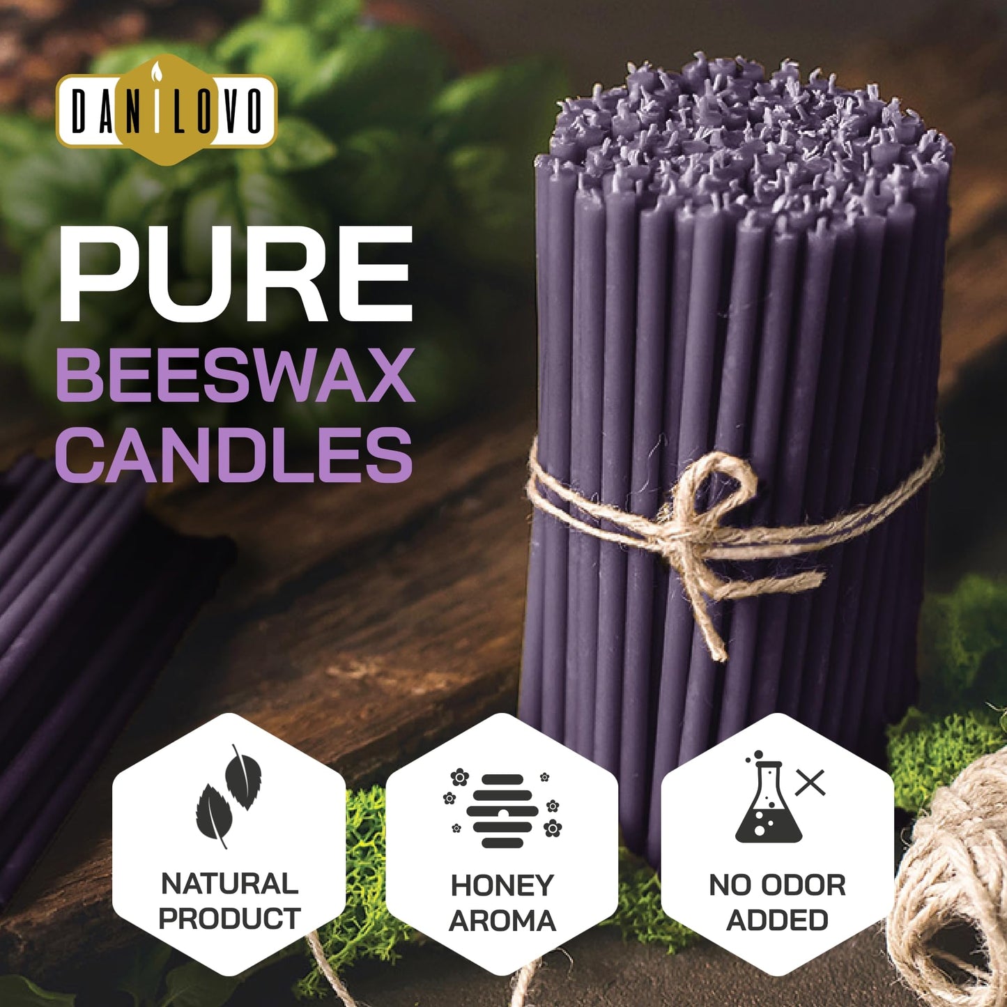 Danilovo Thin Taper Beeswax Candles - Honey-Scented, Decorative Candles Ideal for Birthday Decoration or Church Prayers - Purple Drip Free, Tall & Smokeless Pack of 50 pcs, 7.3 x 0.24 inch