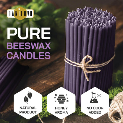 Danilovo Thin Taper Beeswax Candles - Honey-Scented, Decorative Candles Ideal for Birthday Decoration or Church Prayers - Purple Drip Free, Tall & Smokeless Pack of 50 pcs, 7.3 x 0.24 inch