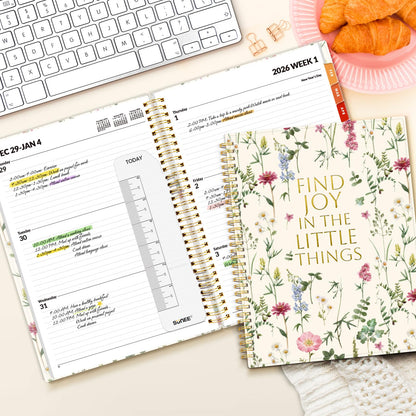 SUNEE 2026 Weekly and Monthly Planner - from January 2026 - December 2026, Daily Agenda Planner with Monthly Tab, Flexible Cover, Note Pages, Pockets, Bookmark, Spiral Binding, Wildflowers, 8.5"x11"