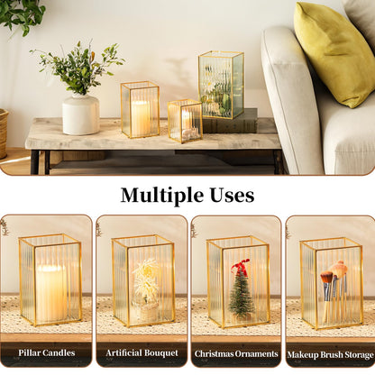 Glasseam Hurricane Glass Candle Holder: Ribbed Gold Pillar Candle Holders Set of 3 Square Metal Candle Holders for Table Centerpiece Modern Small Lanterns Decorative Indoor for Christmas Wedding Decor