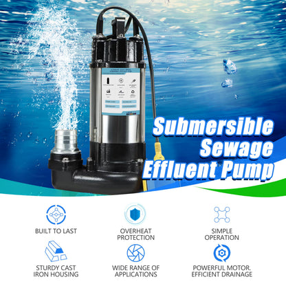 1HP Sewage Grinder Pump Submersible Effluent Pump, Sump Pump 110V 6400GPH with Automatic Float Switch,Stainless steel body and reamer.2'' NPT Discharge for Basement, Sump Basin.