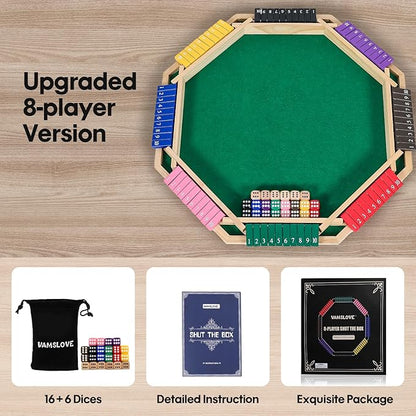 Vamslove Upgraded 2-8 Players Shut The Box Dice Game-Colorful 8-Way Wooden Board Table Math Game with 16 +6 Dices - Close The Box for Kids Adults Families Party Club (Instruction Included)