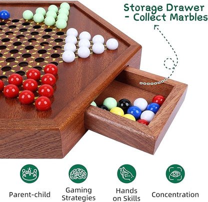 Wooden Chinese Checkers Set with Storage Drawer 13 inches Upgraded Version Game Board 60+12 Acrylic Marbles in 6 Colors Classic Strategy Games for Adults and Kids Fun for Family Gathering