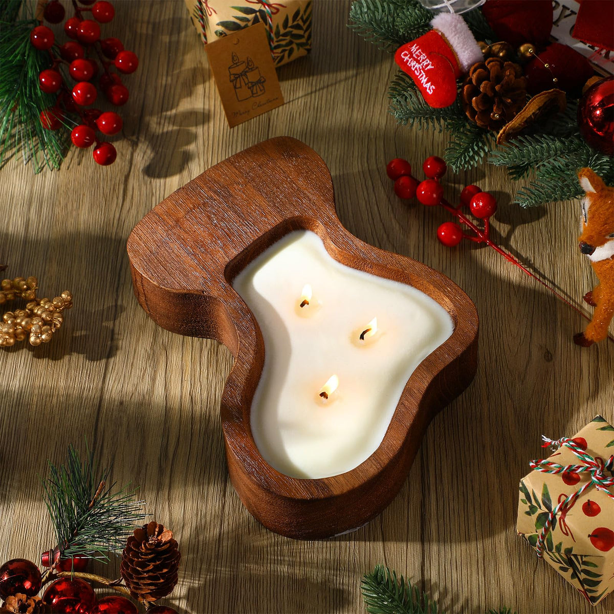 MTLEE Christmas Wooden Candle Bowl Wood Dough Bowl 3 Wick Rustic Xmas DIY Scented Candles Gifts Decoration with Berries Pine Label for Dining Farmhouse Table Centerpiece(Christmas Stockings)