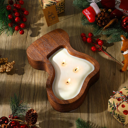 MTLEE Christmas Wooden Candle Bowl Wood Dough Bowl 3 Wick Rustic Xmas DIY Scented Candles Gifts Decoration with Berries Pine Label for Dining Farmhouse Table Centerpiece(Christmas Stockings)